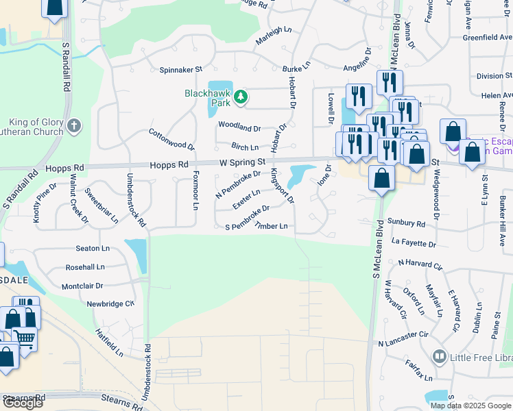 map of restaurants, bars, coffee shops, grocery stores, and more near 1452 South Pembroke Drive in South Elgin