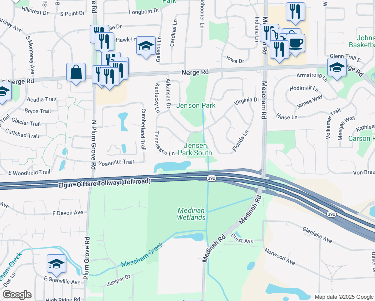 map of restaurants, bars, coffee shops, grocery stores, and more near 1088 Tennessee Lane in Elk Grove Village
