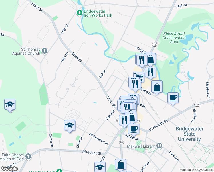 map of restaurants, bars, coffee shops, grocery stores, and more near 15 Hammond Street in Bridgewater
