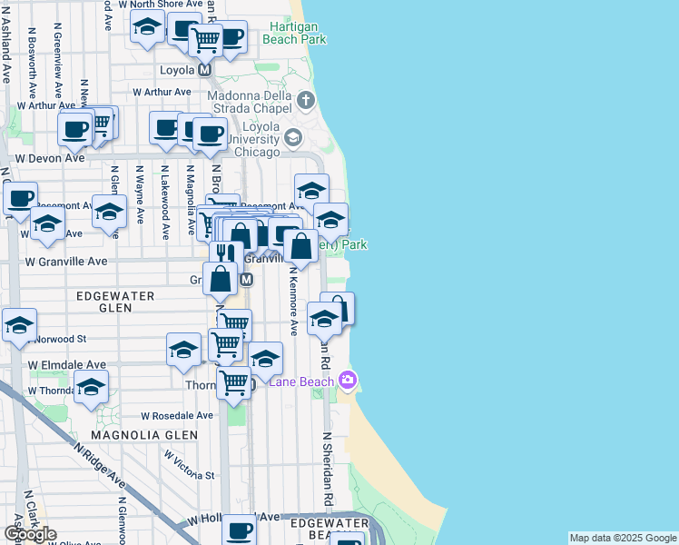 map of restaurants, bars, coffee shops, grocery stores, and more near 6157 North Sheridan Road in Chicago