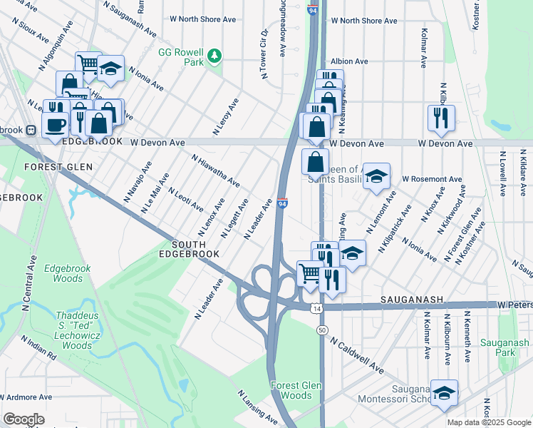 map of restaurants, bars, coffee shops, grocery stores, and more near 6247 North Leader Avenue in Chicago