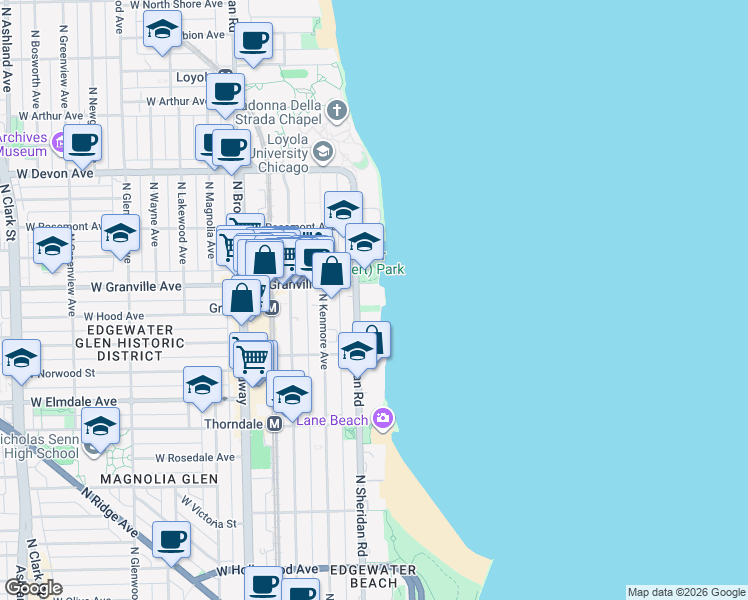 map of restaurants, bars, coffee shops, grocery stores, and more near 6157 North Sheridan Road in Chicago