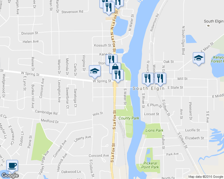 map of restaurants, bars, coffee shops, grocery stores, and more near 201 West State Street in South Elgin