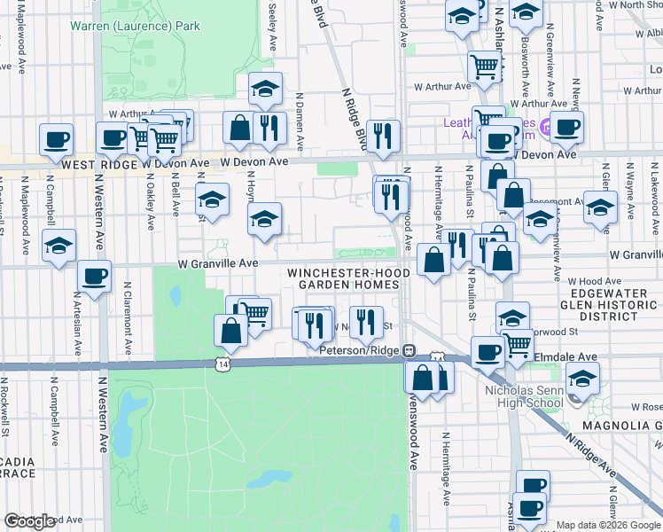 map of restaurants, bars, coffee shops, grocery stores, and more near 1937 West Granville Avenue in Chicago