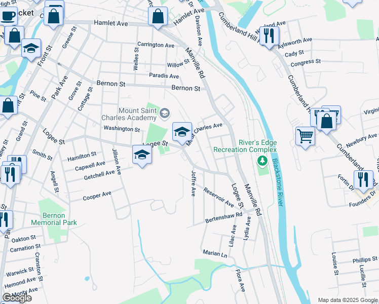 map of restaurants, bars, coffee shops, grocery stores, and more near 309 Rhode Island Avenue in Woonsocket