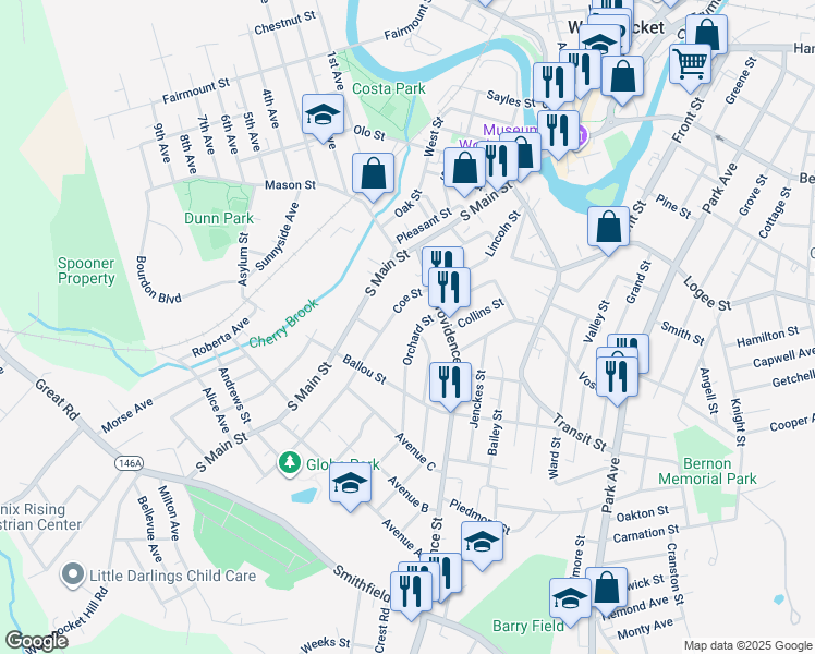 map of restaurants, bars, coffee shops, grocery stores, and more near 69 Orchard Street in Woonsocket