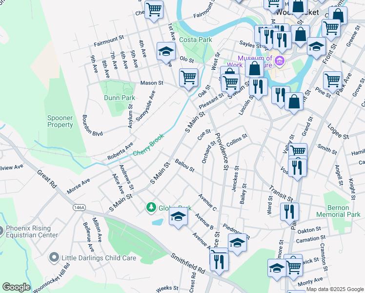 map of restaurants, bars, coffee shops, grocery stores, and more near 39 Wilbur Avenue in Woonsocket
