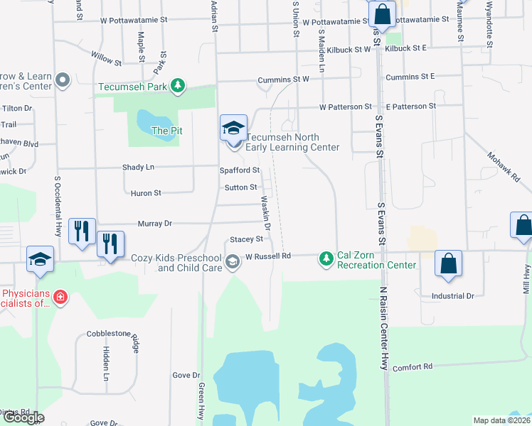 map of restaurants, bars, coffee shops, grocery stores, and more near 505 Murray Drive in Tecumseh
