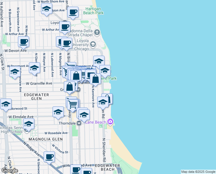 map of restaurants, bars, coffee shops, grocery stores, and more near 6157 North Sheridan Road in Chicago