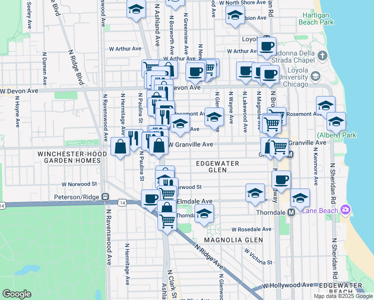 map of restaurants, bars, coffee shops, grocery stores, and more near 6151 North Greenview Avenue in Chicago