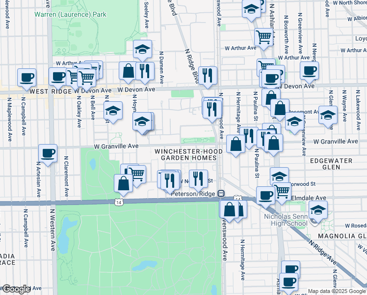 map of restaurants, bars, coffee shops, grocery stores, and more near 6177 North Winchester Avenue in Chicago