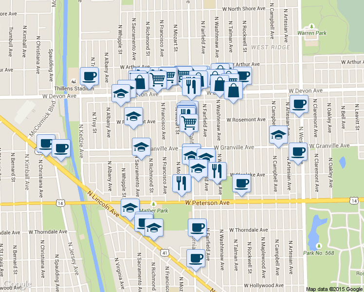 map of restaurants, bars, coffee shops, grocery stores, and more near 2818 West Granville Avenue in Chicago