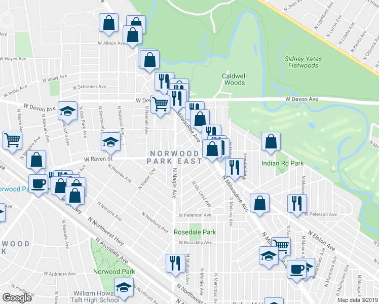 map of restaurants, bars, coffee shops, grocery stores, and more near 6325 West Raven Street in Chicago