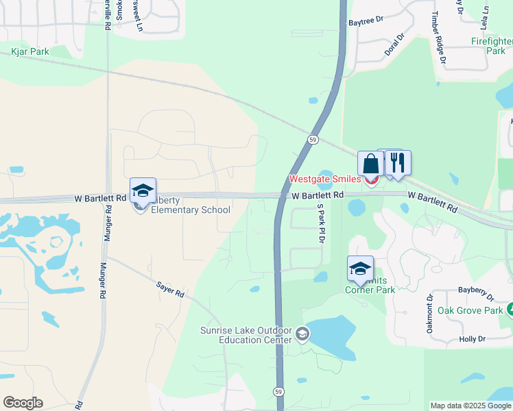 map of restaurants, bars, coffee shops, grocery stores, and more near 1101 The Bartlett Trail in Bartlett