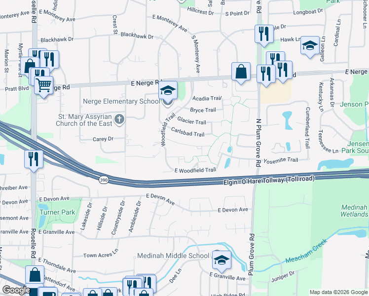 map of restaurants, bars, coffee shops, grocery stores, and more near 545 Sequoia Trail in Roselle