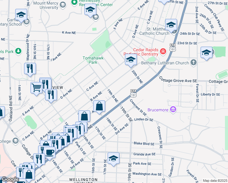 map of restaurants, bars, coffee shops, grocery stores, and more near 210 19th Street Northeast in Cedar Rapids