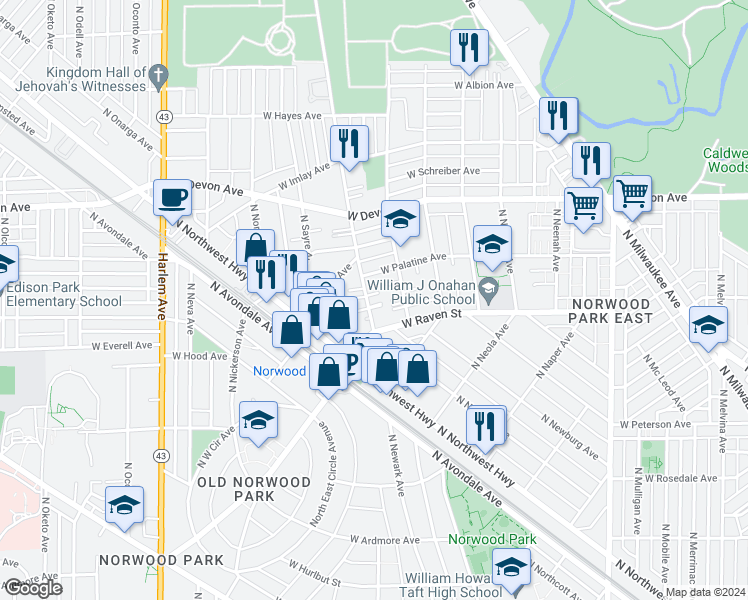 map of restaurants, bars, coffee shops, grocery stores, and more near 6235 North Newark Avenue in Chicago