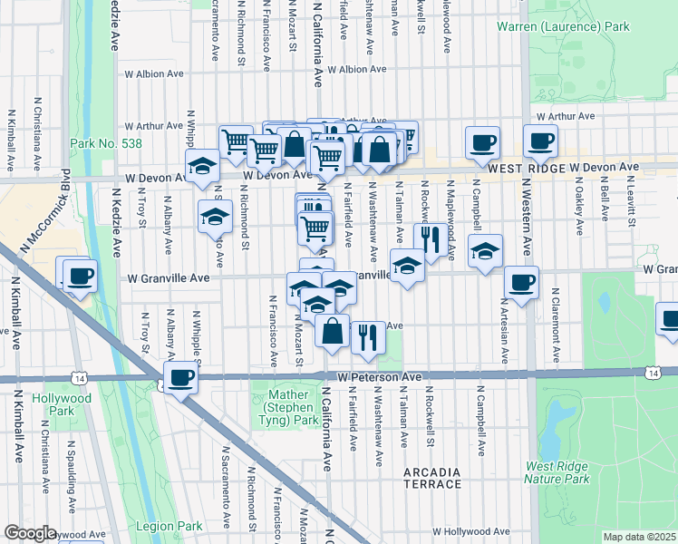 map of restaurants, bars, coffee shops, grocery stores, and more near 2744 West Granville Avenue in Chicago
