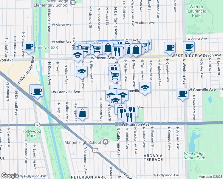 map of restaurants, bars, coffee shops, grocery stores, and more near 2818 West Granville Avenue in Chicago