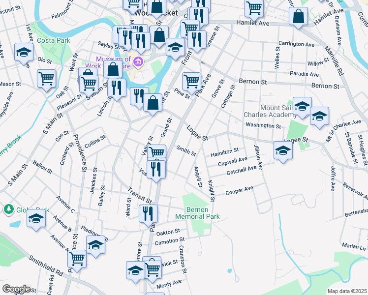 map of restaurants, bars, coffee shops, grocery stores, and more near 667 Grove Street in Woonsocket