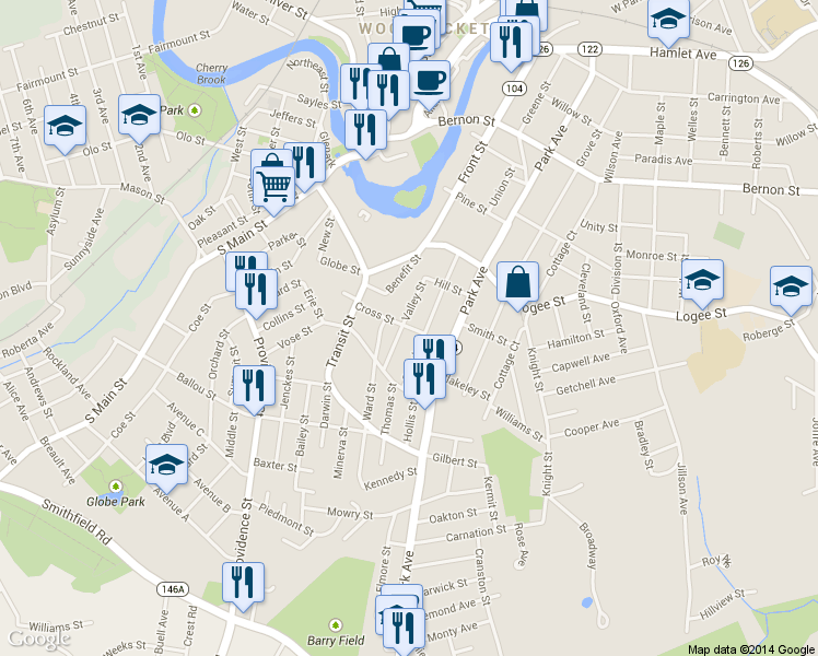 map of restaurants, bars, coffee shops, grocery stores, and more near 79 Cross Street in Woonsocket