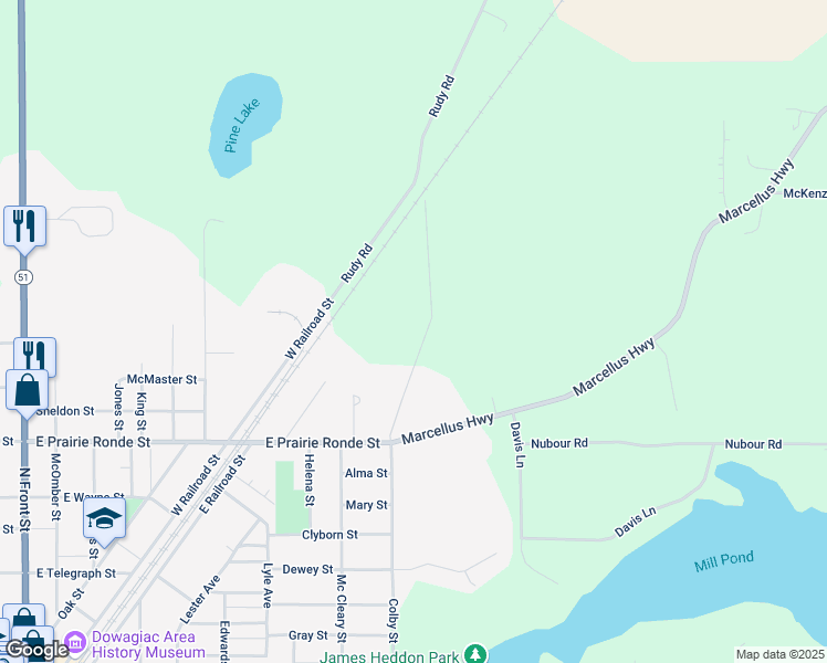map of restaurants, bars, coffee shops, grocery stores, and more near 55304 Colby Street in Dowagiac