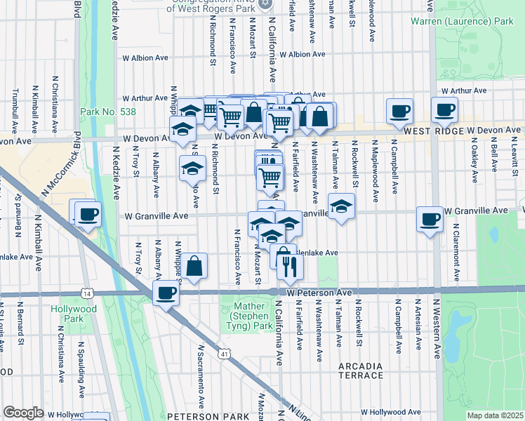 map of restaurants, bars, coffee shops, grocery stores, and more near 2818 West Granville Avenue in Chicago