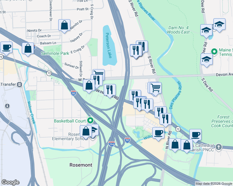 map of restaurants, bars, coffee shops, grocery stores, and more near 9606 West Higgins Road in Rosemont