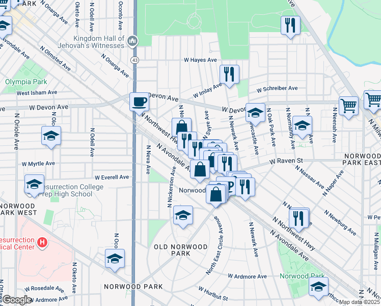 map of restaurants, bars, coffee shops, grocery stores, and more near 6186 North Northwest Highway in Chicago