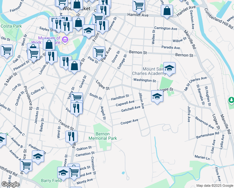 map of restaurants, bars, coffee shops, grocery stores, and more near 50 Jackson Street in Woonsocket