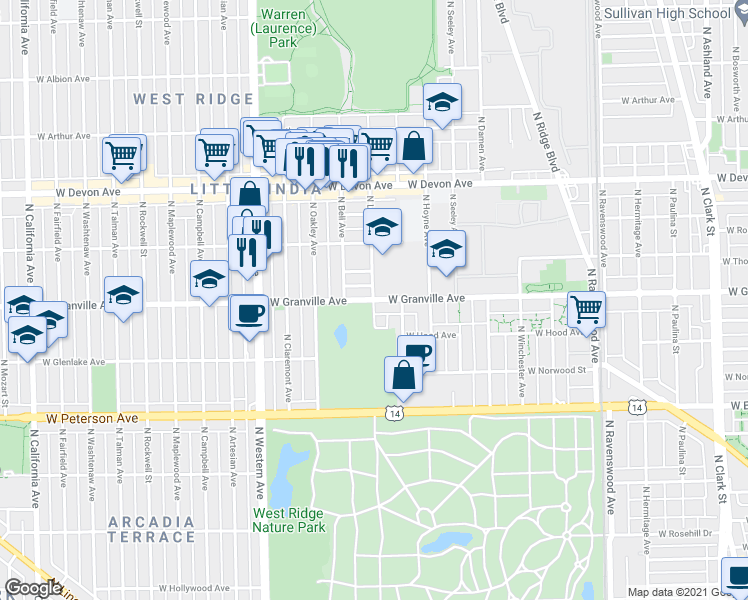 map of restaurants, bars, coffee shops, grocery stores, and more near West Granville Avenue & North Leavitt Street in Chicago