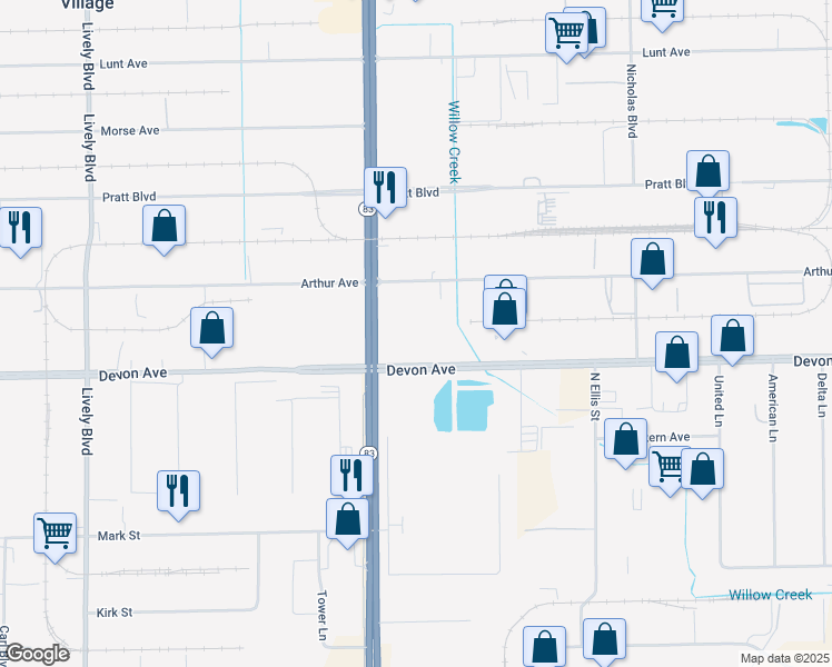 map of restaurants, bars, coffee shops, grocery stores, and more near 2299 Busse Road in Elk Grove Village
