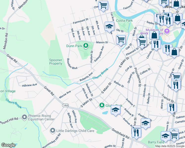 map of restaurants, bars, coffee shops, grocery stores, and more near 40 Roberta Avenue in Woonsocket