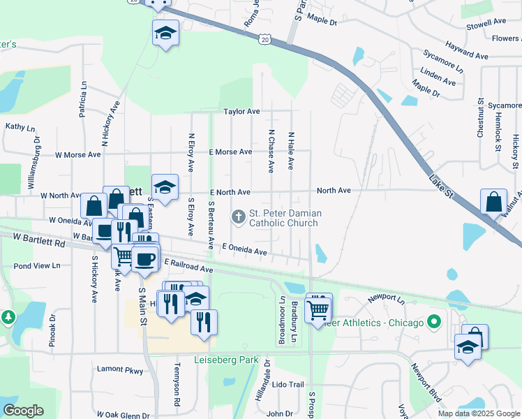 map of restaurants, bars, coffee shops, grocery stores, and more near 334 Donna Court in Bartlett