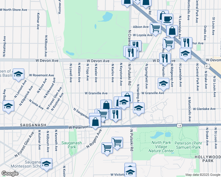 map of restaurants, bars, coffee shops, grocery stores, and more near 6209 North Kedvale Avenue in Chicago