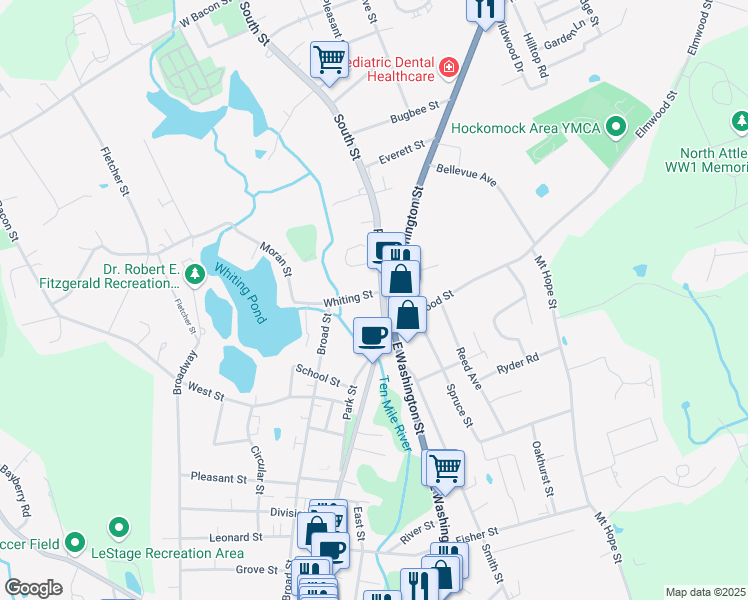 map of restaurants, bars, coffee shops, grocery stores, and more near 140 Park Street in North Attleborough