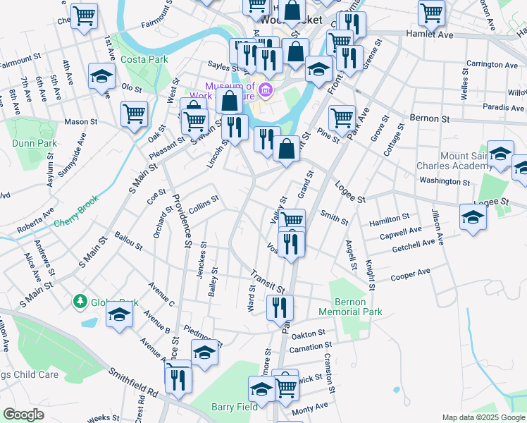 map of restaurants, bars, coffee shops, grocery stores, and more near 232 Vose Street in Woonsocket