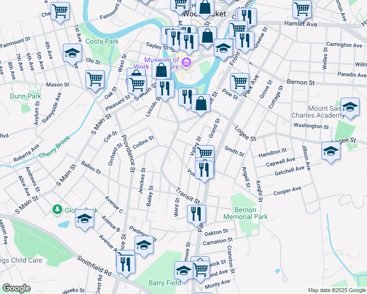 map of restaurants, bars, coffee shops, grocery stores, and more near 232 Vose Street in Woonsocket