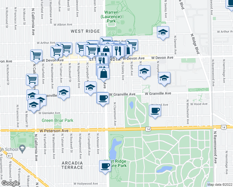 map of restaurants, bars, coffee shops, grocery stores, and more near 6157 North Claremont Avenue in Chicago
