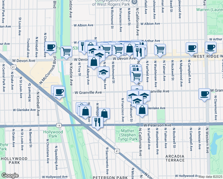 map of restaurants, bars, coffee shops, grocery stores, and more near 6200 North Richmond Street in Chicago