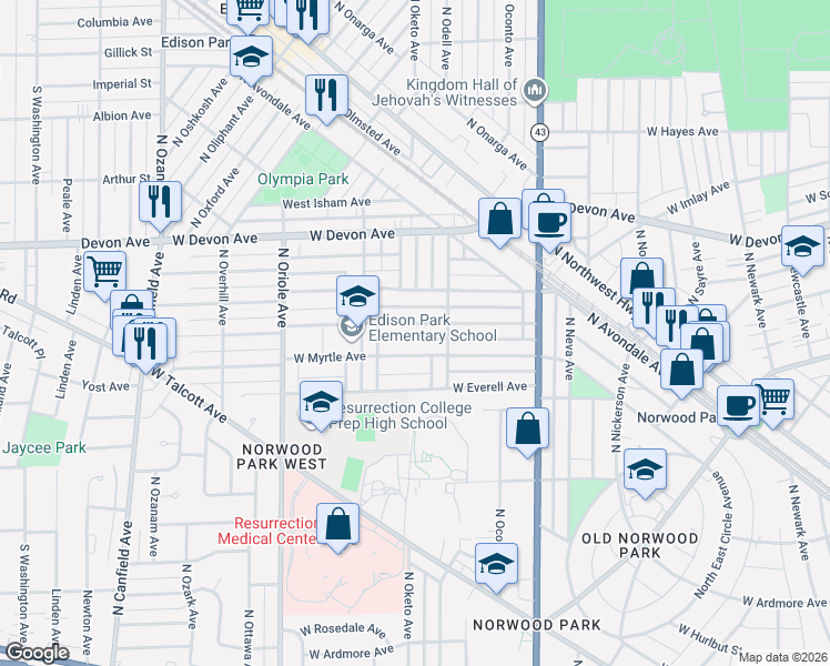 map of restaurants, bars, coffee shops, grocery stores, and more near 7330 West Myrtle Avenue in Chicago