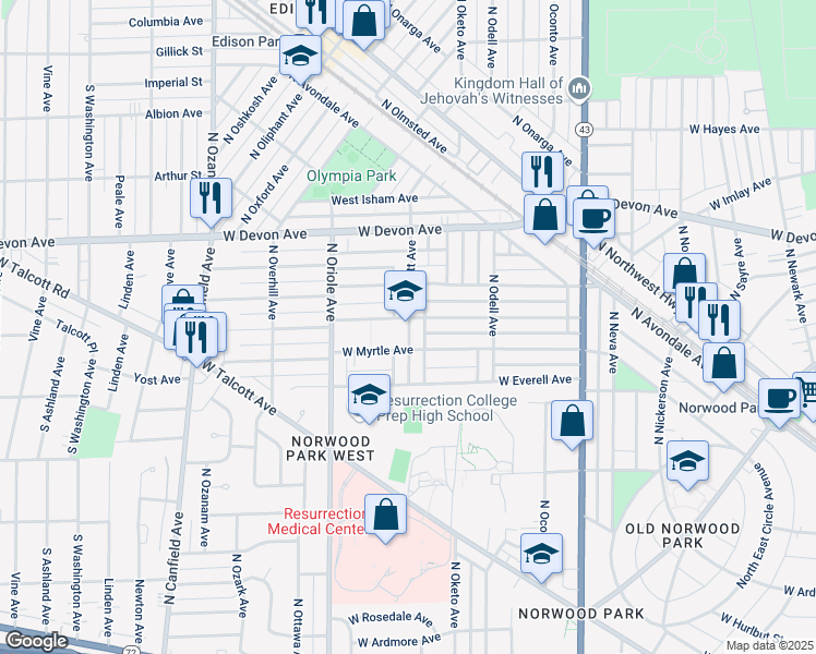 map of restaurants, bars, coffee shops, grocery stores, and more near 7422 West Myrtle Avenue in Chicago