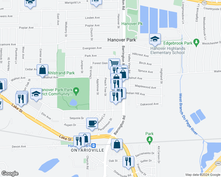map of restaurants, bars, coffee shops, grocery stores, and more near 6734 Barrington Road in Hanover Park