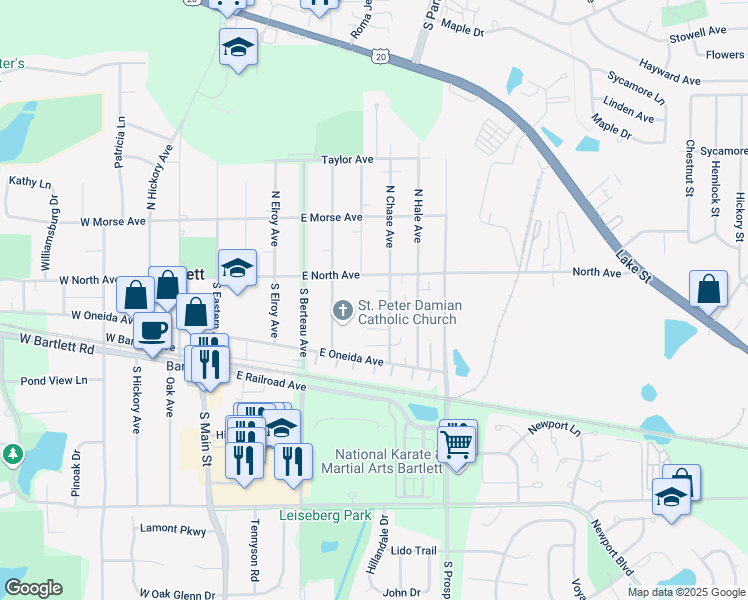 map of restaurants, bars, coffee shops, grocery stores, and more near 334 Donna Court in Bartlett