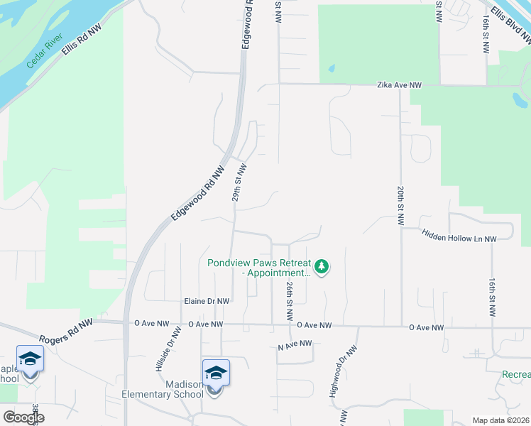 map of restaurants, bars, coffee shops, grocery stores, and more near 2713 Oak Crest Court Northwest in Cedar Rapids