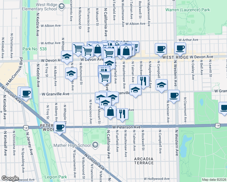 map of restaurants, bars, coffee shops, grocery stores, and more near 2744 West Granville Avenue in Chicago