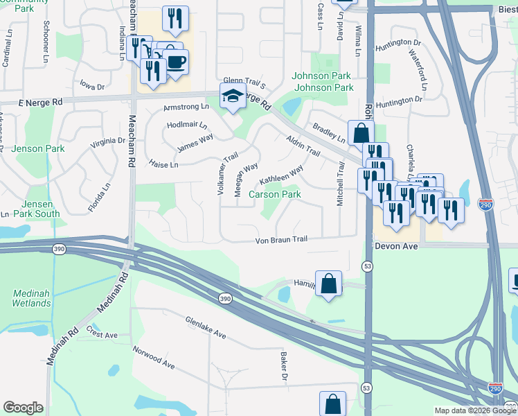 map of restaurants, bars, coffee shops, grocery stores, and more near 1489 Kathleen Way in Elk Grove Village