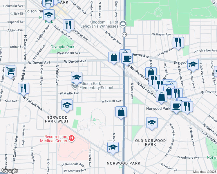 map of restaurants, bars, coffee shops, grocery stores, and more near 7241 West Clarence Avenue in Chicago