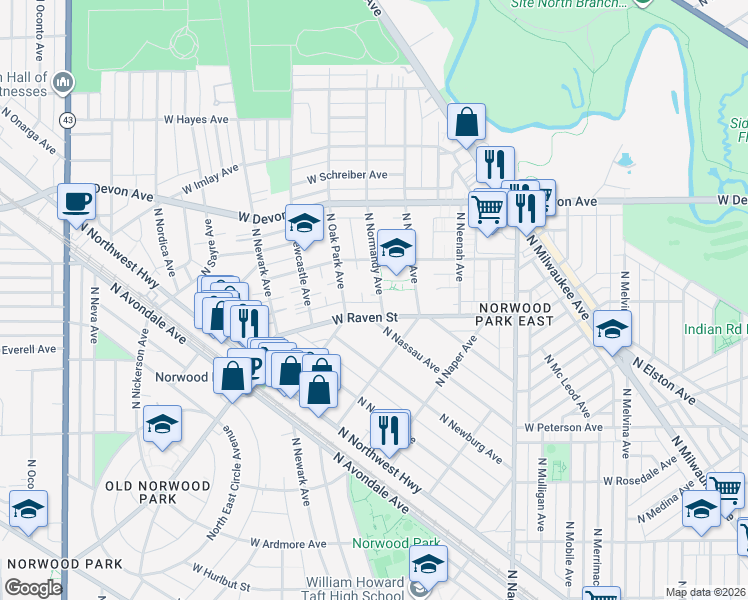 map of restaurants, bars, coffee shops, grocery stores, and more near 6214 North Normandy Avenue in Chicago