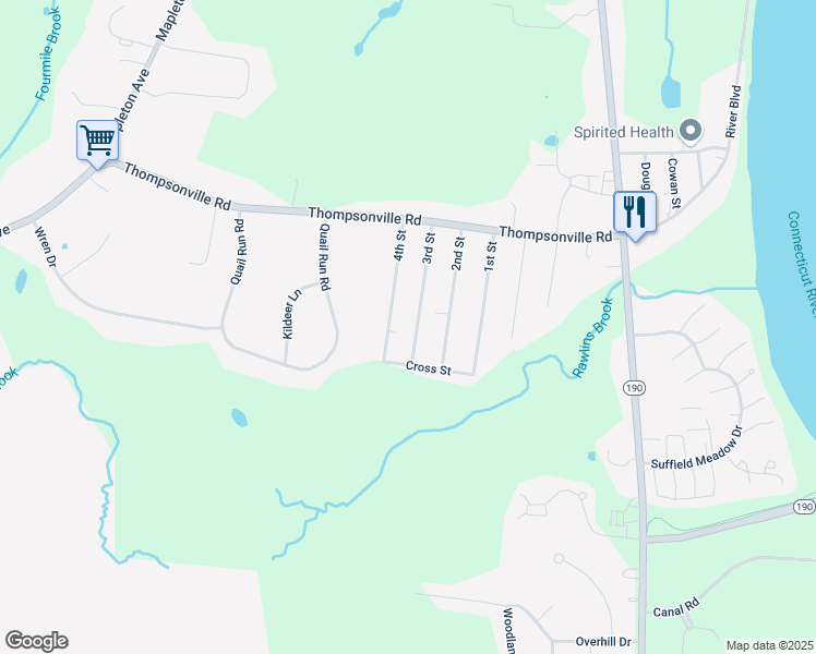 map of restaurants, bars, coffee shops, grocery stores, and more near 105 3rd Street in Suffield